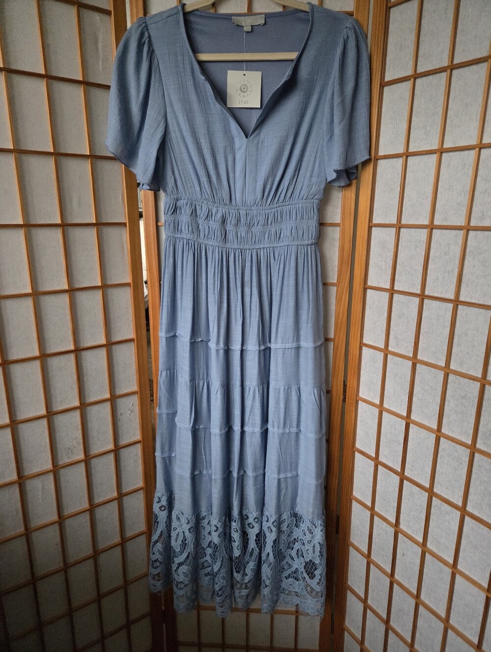 NWT J GEE VISCOSE MIX WITH LACE SHORT SLEEVES STRETCH WAIST MIDI DRESS MEDIUM